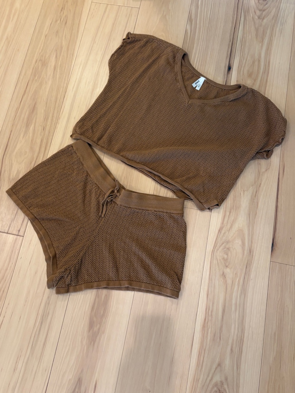 NWOT Pact Brown Organic Cotton Crochet-Knit Top and Shorts Set
